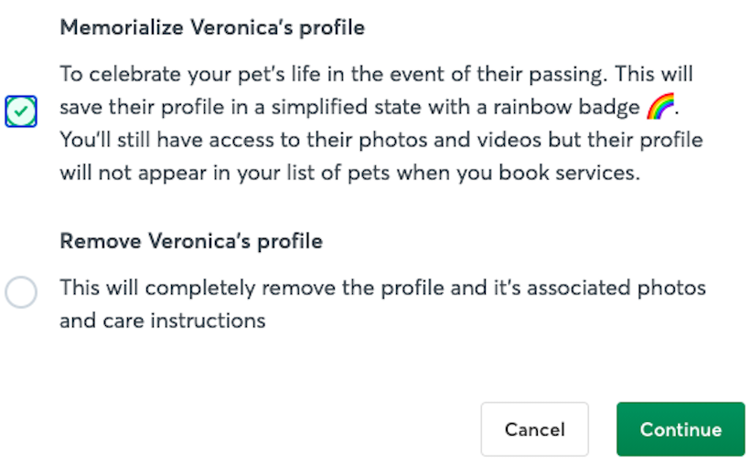 Check the box under Memorialize pet's profile, then select Continue